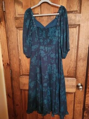 Women's Teal Floral Midi Dress with Puff Sleeves